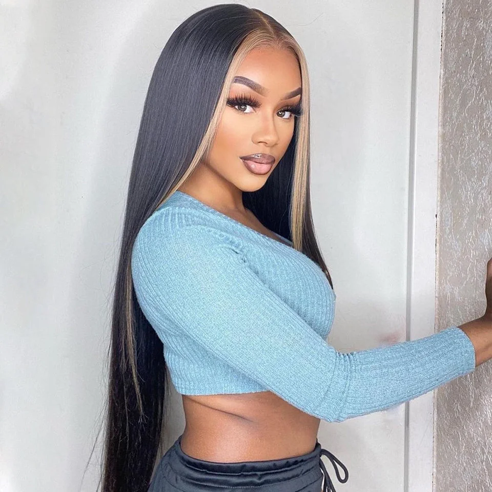 Mix Color Highlight Straight 100% Virgin Human Hair Lace Frontal Wig
