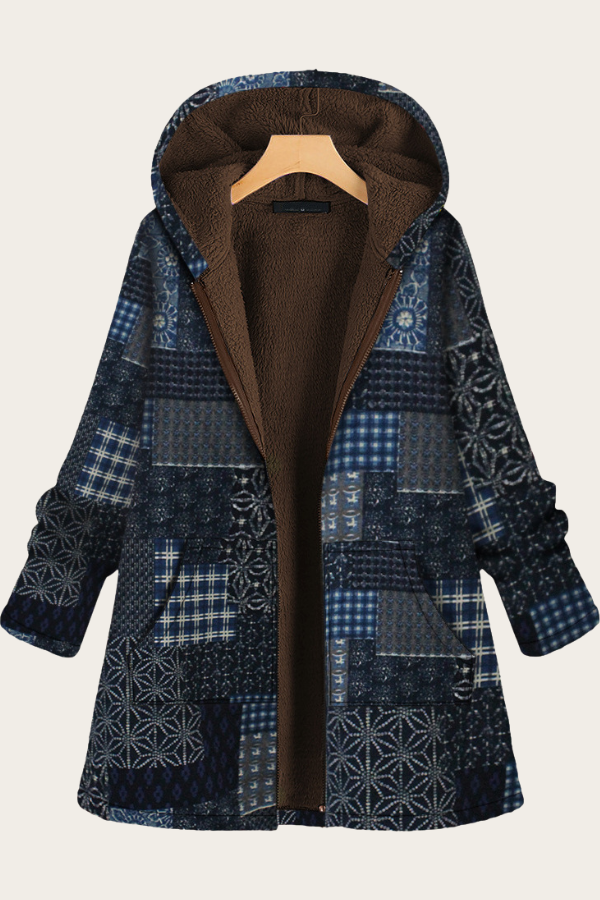 Womens Coat Vintage West Floral Print Blue Hoodie Thick Fleece Jacket Coat Outerwear
