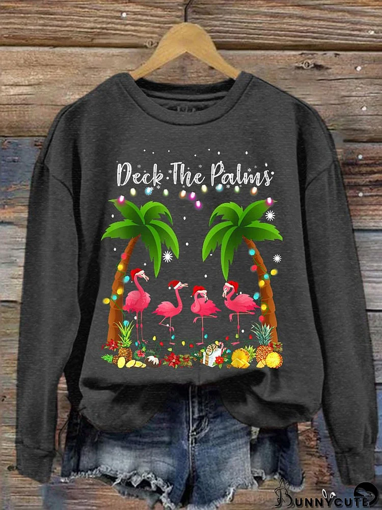 Women's Deck the Palms Merry Flamingo Christmas Palm Tree Lights Sweatshirt