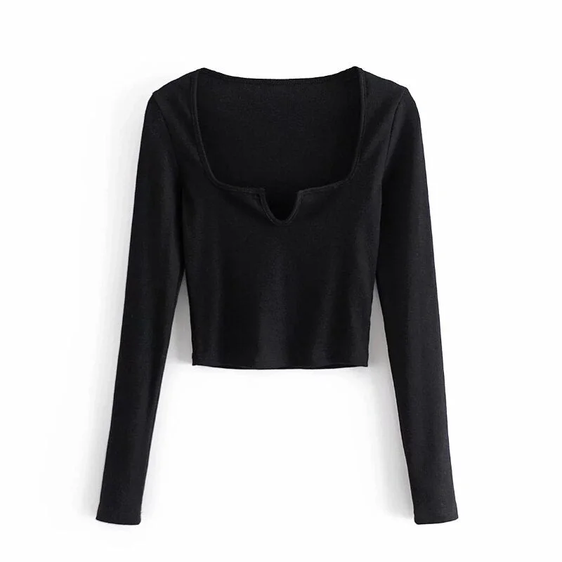 2021 New Spring Women Square Collar Black Knitting Short T Shirt Casual Femme Long Sleeve Slim Crop Tops T1390