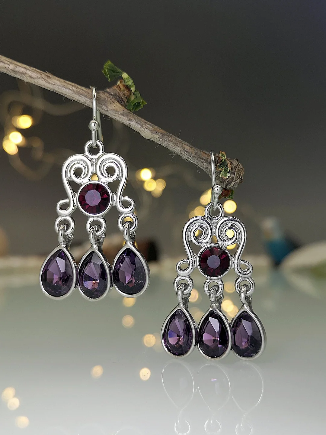 Fashion Creative Purple Crystal Drop Earrings Women Retro Silver Plated Water Drops Purple Dynamic Tassel Pendant Earrings