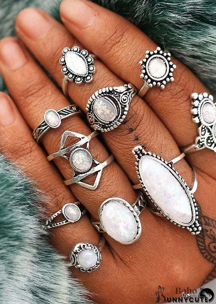 Boho Silver Rings Set Opal Alessandra
