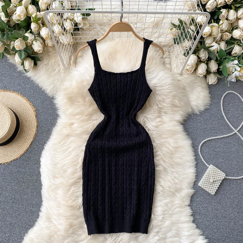 Croysier Summer Clothes For Women Dresses Sleeveless Tank Vintage Cable Knitted Bodycon Dress Party Night Club Sexy Mini Dress