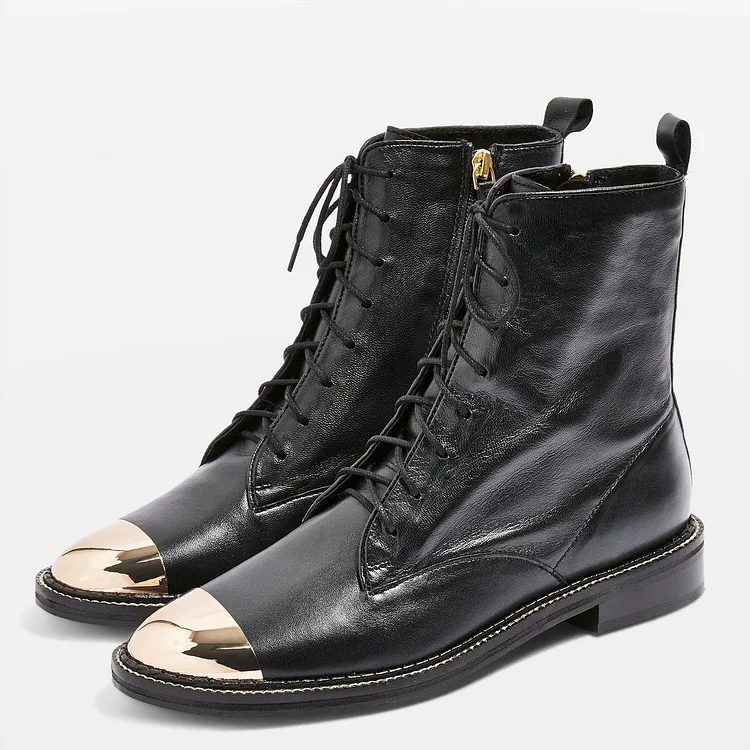 Black Metal Cap Toe Lace-Up Flat Ankle Boots with Zipper |FSJ Shoes