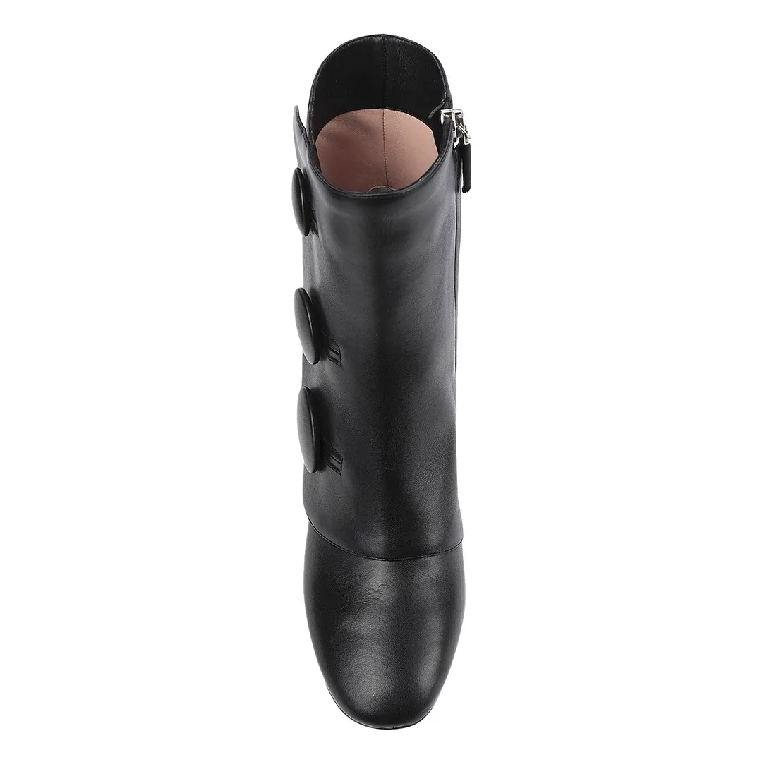 Chic Black Round Toe Side Zipper Decorative Button Short Booties