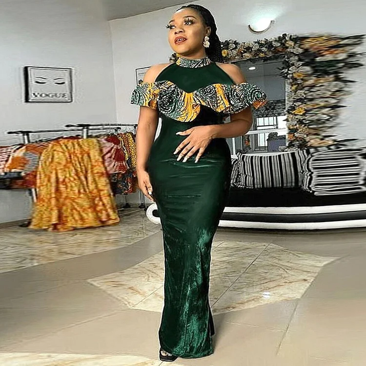 African Americans fashion QFY Dresses For Women 2022 Elegant Wedding Evening Dress Off Shoulder Sexy Long Gown Ankara Dashiki Outfit Robe Africaine Femme Ankara Style QueenFunky