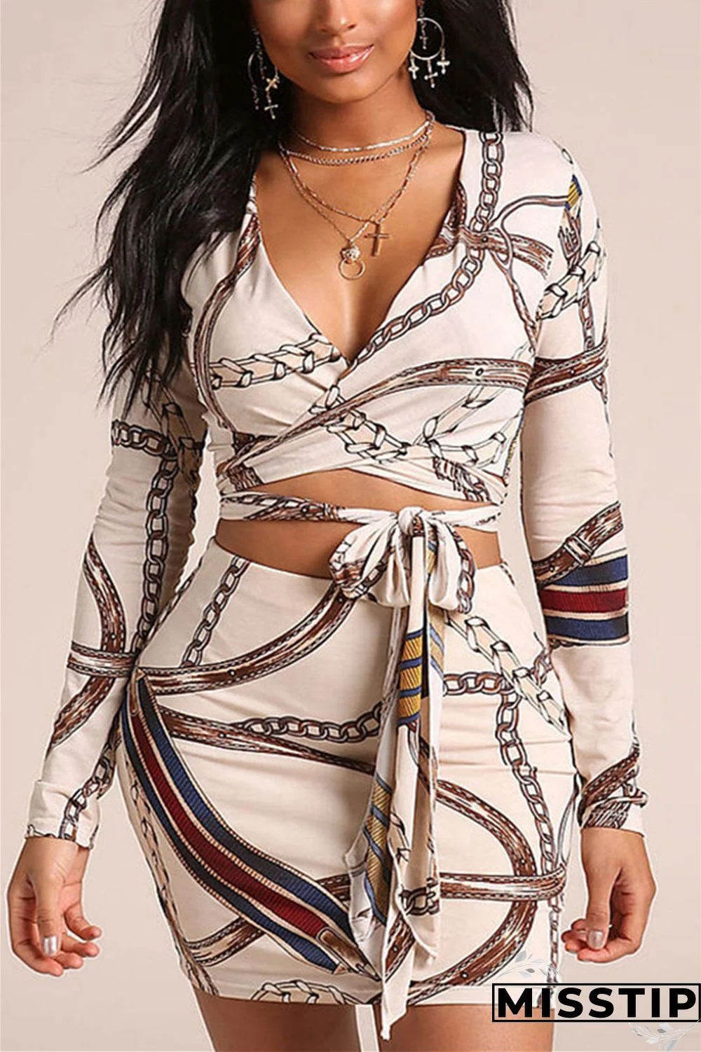 White Fashion Sexy Digital Printed Long Sleeve Two Piece Set