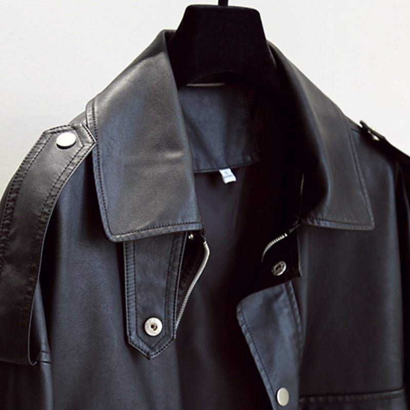 FTLZZ New Spring Autumn Women Slim Leather Jacket Zipper Pockets Motorcycle PU Leather Coat  Solid Parka Overcoat
