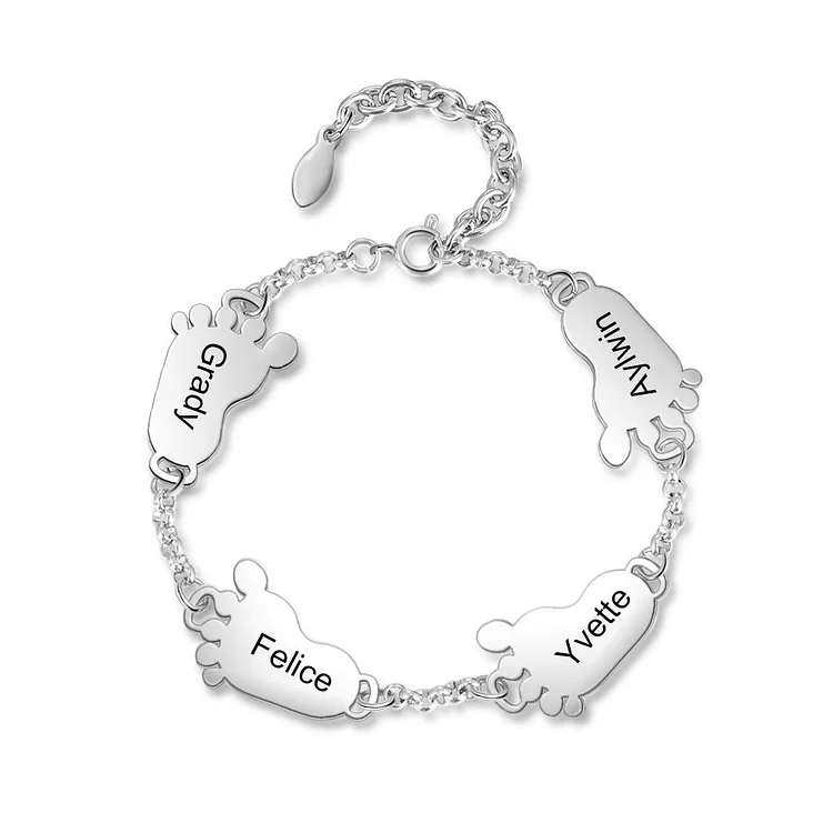 Baby Feet Bracelet with 4 Babyfeet Charms Engraved 4 Names