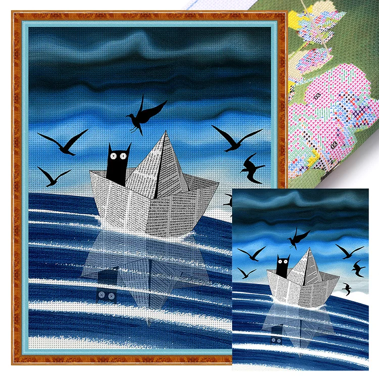 Paper Boat And Black Cat (40*55cm) 11CT Stamped Cross Stitch gbfke