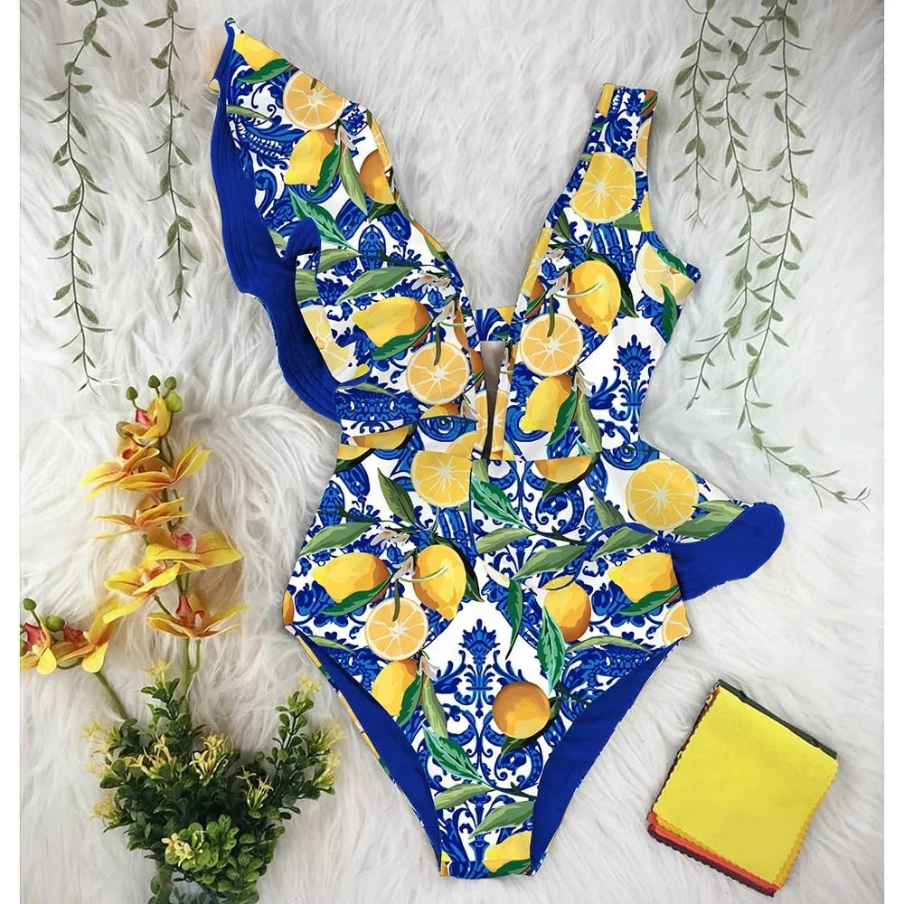 2022 New Sexy Ruffle Print Floral One Piece Swimsuit Off The Shoulder Swimwear Women Solid Deep-V Beachwear Bathing Suit Monkini