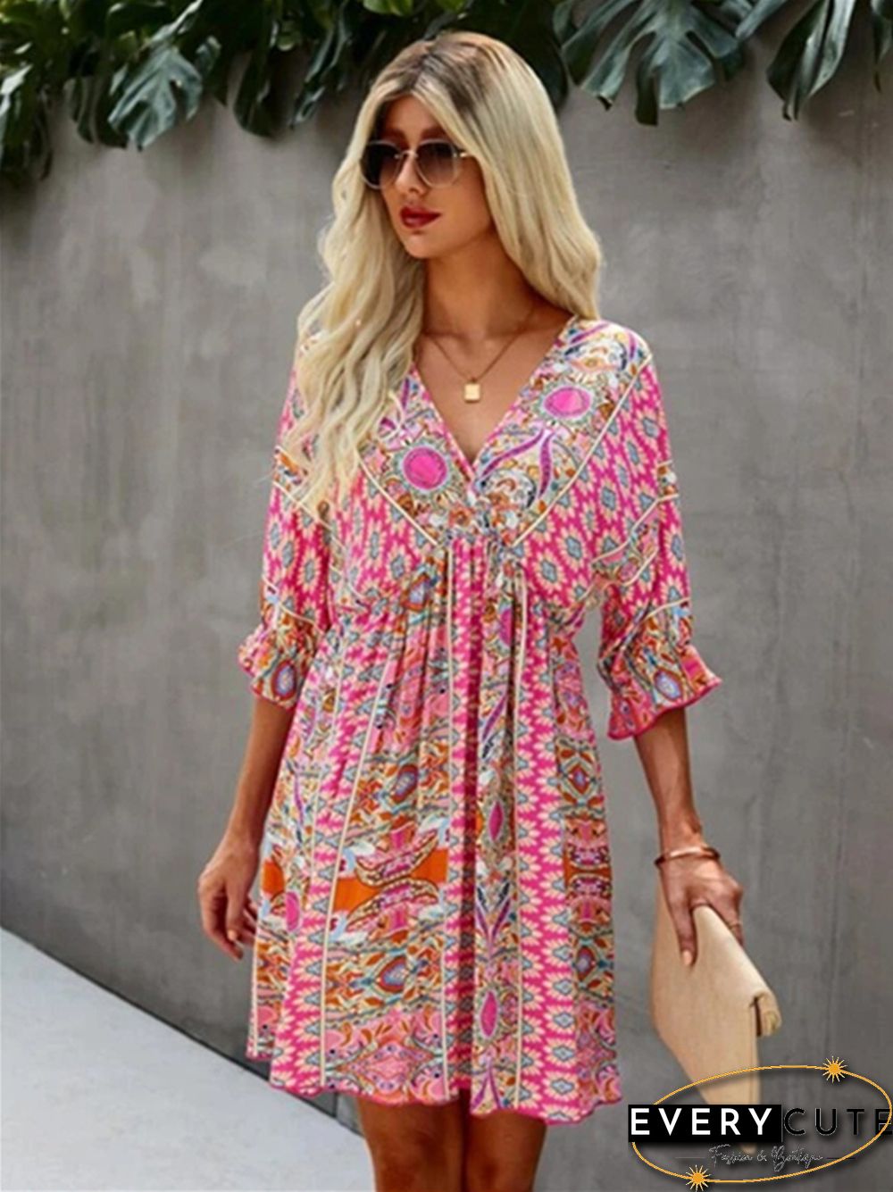 V-neck Waist Print Dress Print Dresses