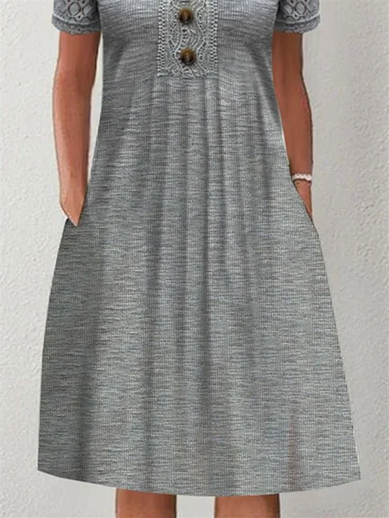 Women Half Sleeve V-neck Solid Color Dress