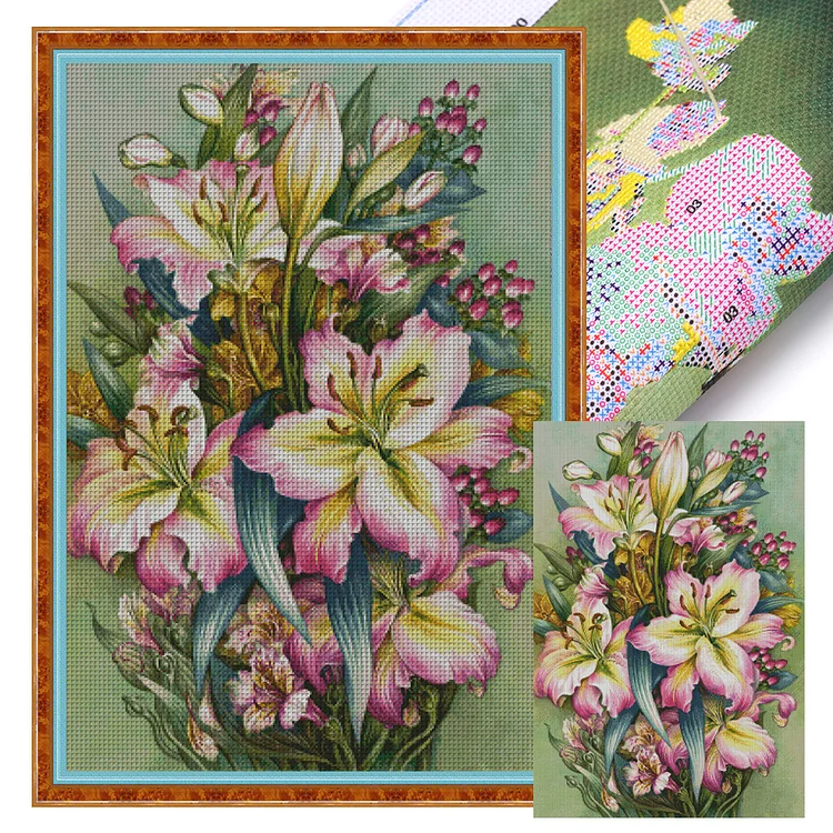 【Xiaobai Brand】Oil Painting Of Pink Lilies(55*79CM)14CT Stamped Cross Stitch gbfke