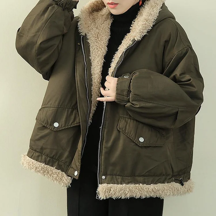 Fashion army green clothes hooded zippered casual knitwear fuzzy wool coat