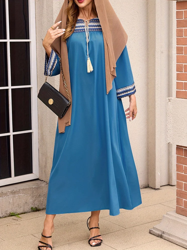 Elegant Blue Long Dress With Beige Shawl - Geometric Pattern, Long Sleeves, Crew Neck, Perfect For Spring/Summer/Fall, Casual Style, Casual Wear | Geometric Pattern Dress | Knotted Detail