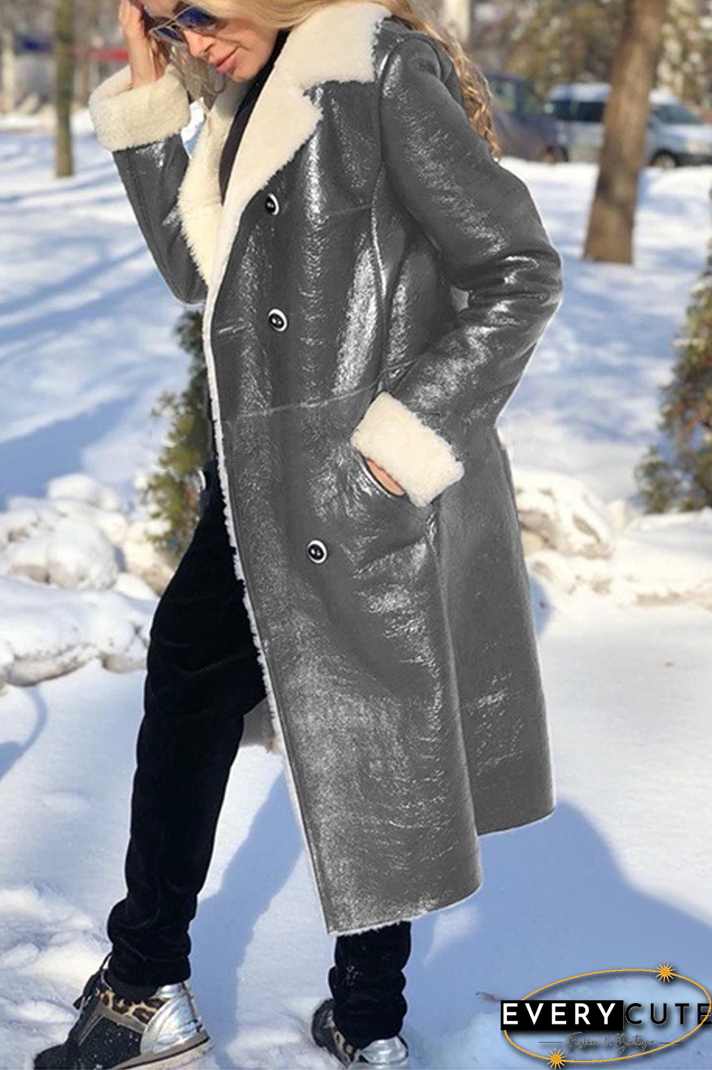 PU Fluffy Solid Color Long Coat