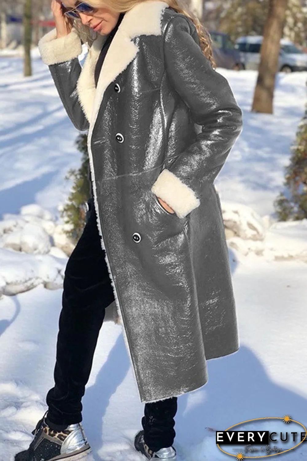 PU Fluffy Solid Color Long Coat