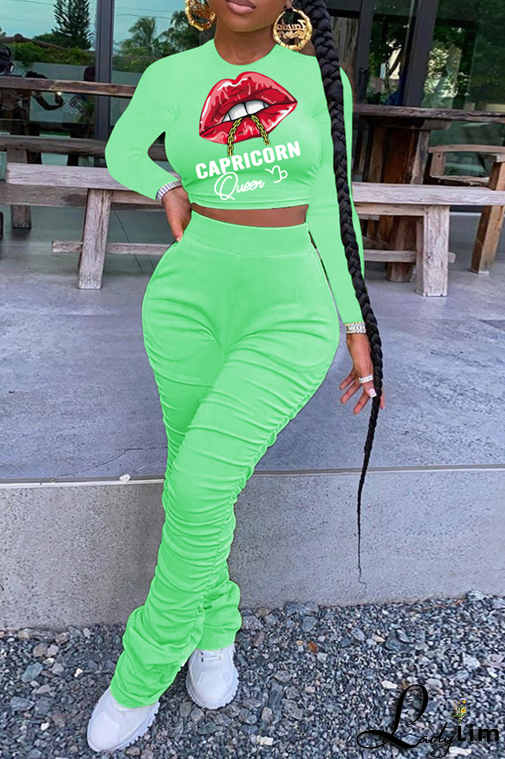 Green Fashion Lips Printed Patchwork O Neck Long Sleeve Two Pieces