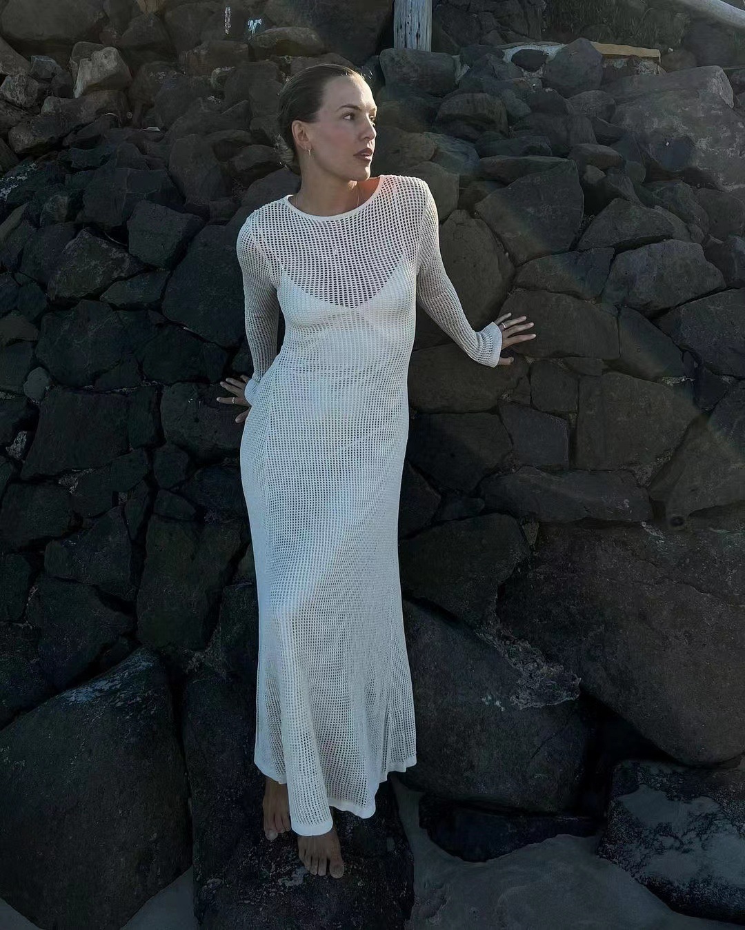 Ootddress White Crochet Hollow Out Midi Dress For Women Long Sleeve Casual Dress Beach Holiday See-Through Summer Dress Cover-Up