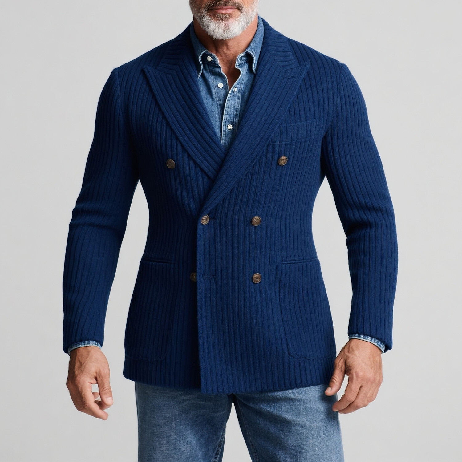 Men's Ribbed Knit Peaked Lapel Double Breasted Long Sleeve Blazer