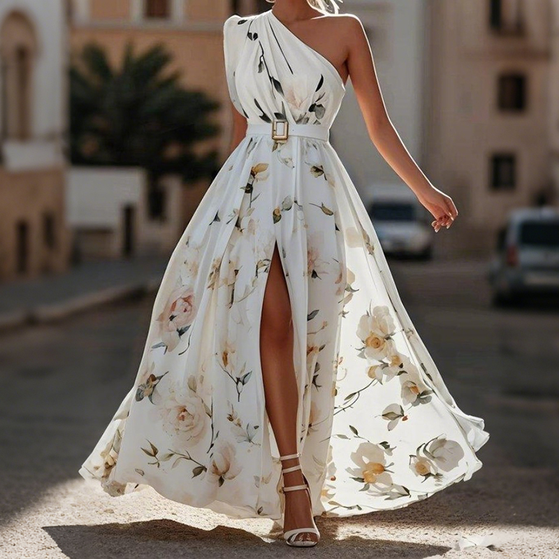 Elegant One Shoulder Slit Floral Chiffon Maxi Dress elevenforest