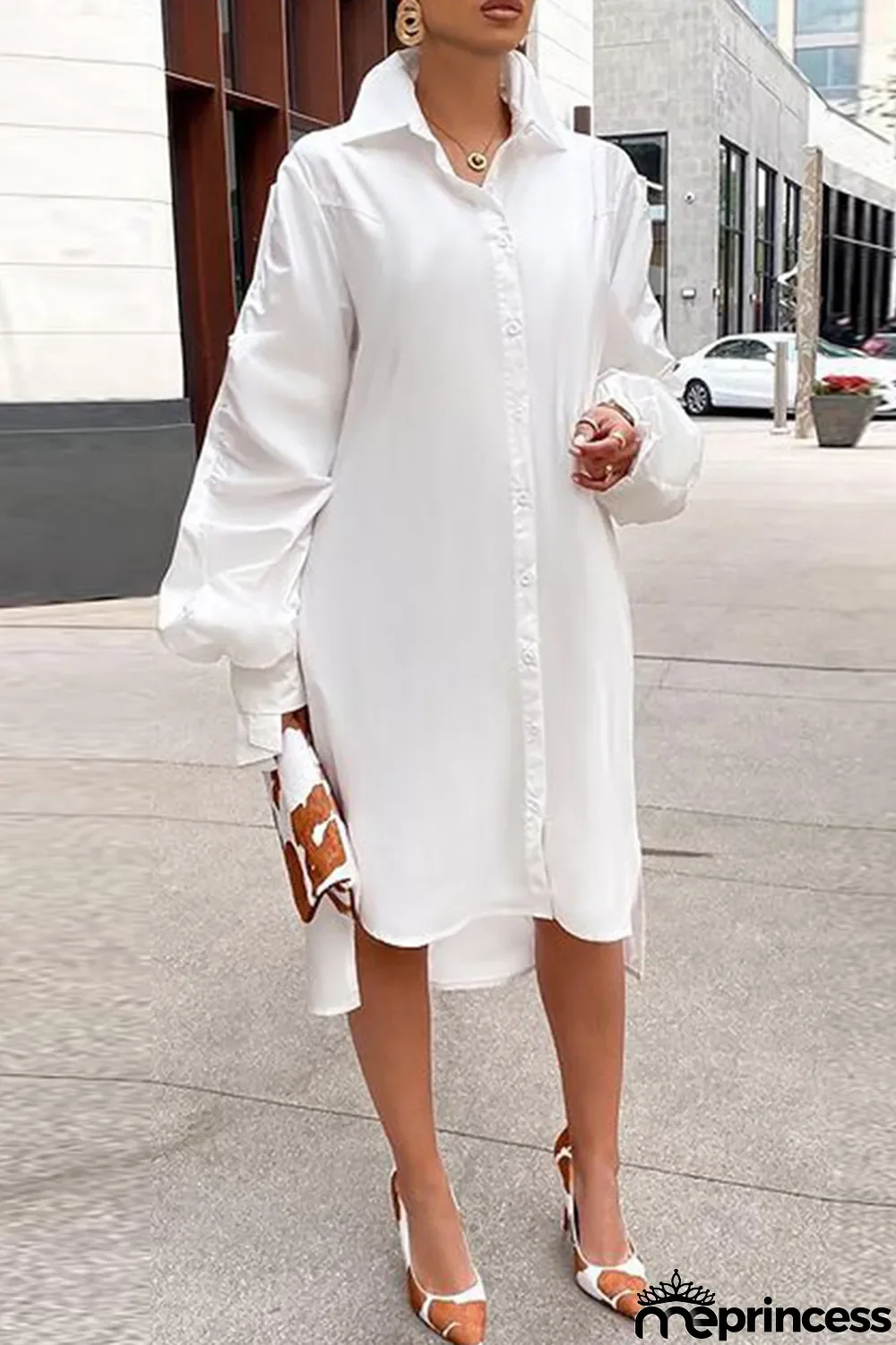 White Fashion Casual Solid Slit Turndown Collar Long Sleeve Shirt Dress