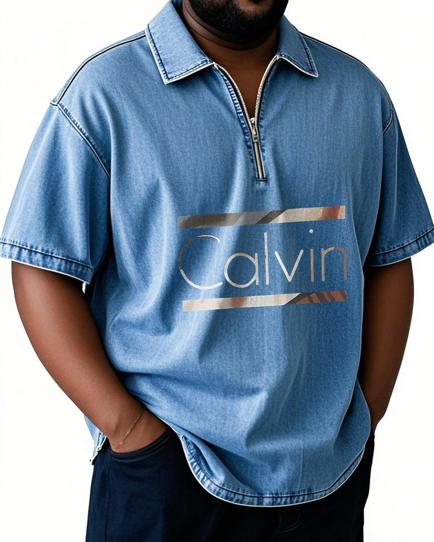 Men's Plus Size Simple Letter Print Denim Zipper Stand Collar Short Sleeve Shirt