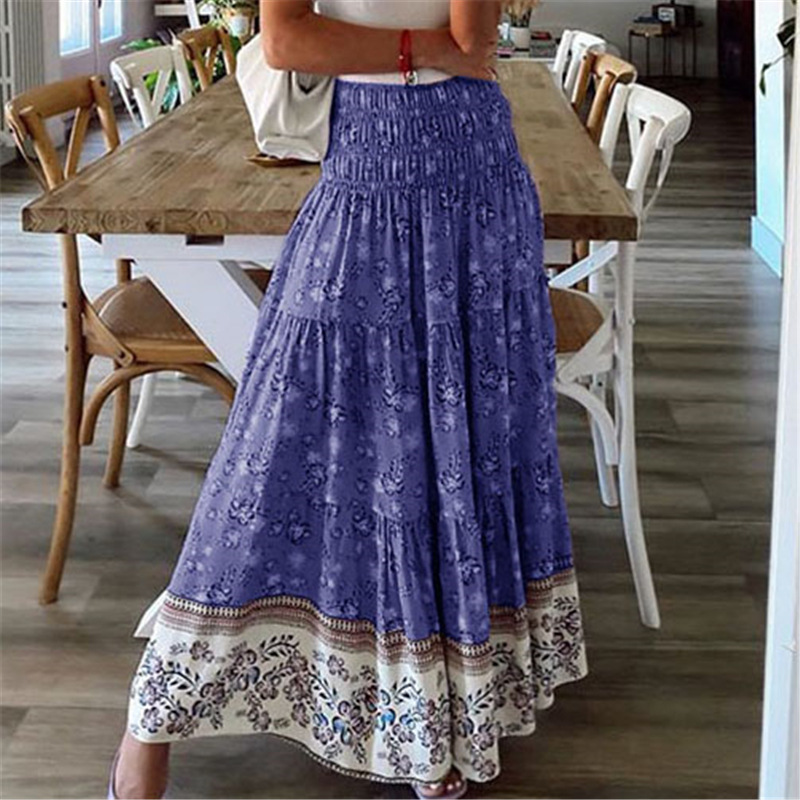 Boho Women High Waist A-line Print Maxi Skirt