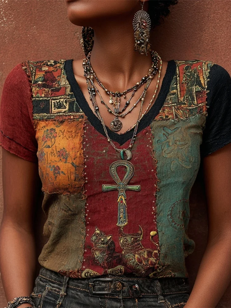 Vintage Egyptian Pattern Patchwork Women's V-neck T-shirt