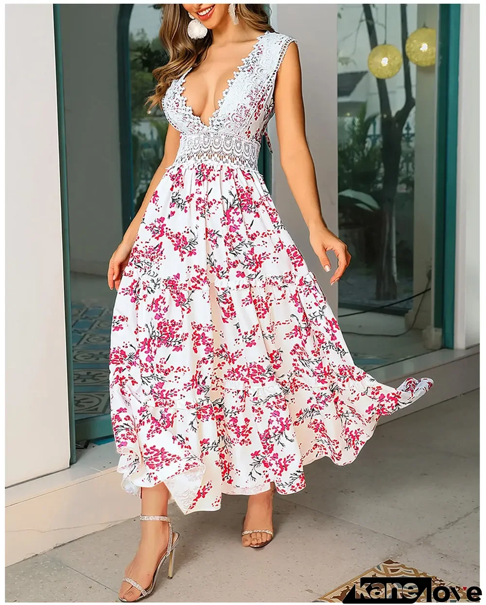 Women deep V-neck sleeveless lace cutout bow print maxi dress