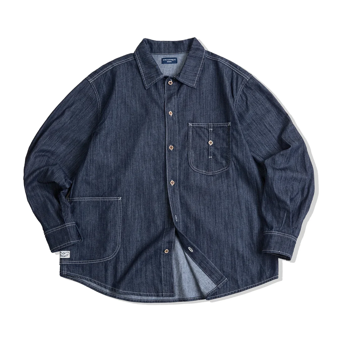 Men's Retro Denim Shirt Big Pocket Bright Line Loose Long-sleeved Shirt