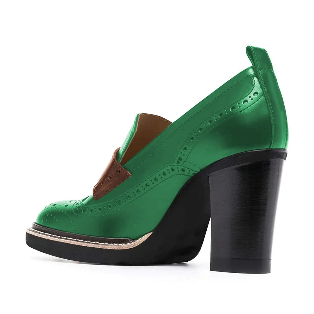 YDN Green & Brown Brogue Style Chunky Heeled Loafers Women