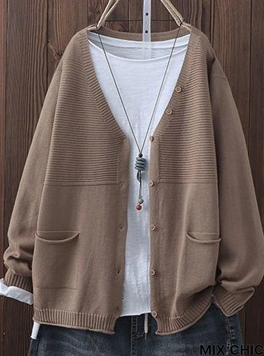 Solid Color Double Pocket Casual Knitted Cardigan