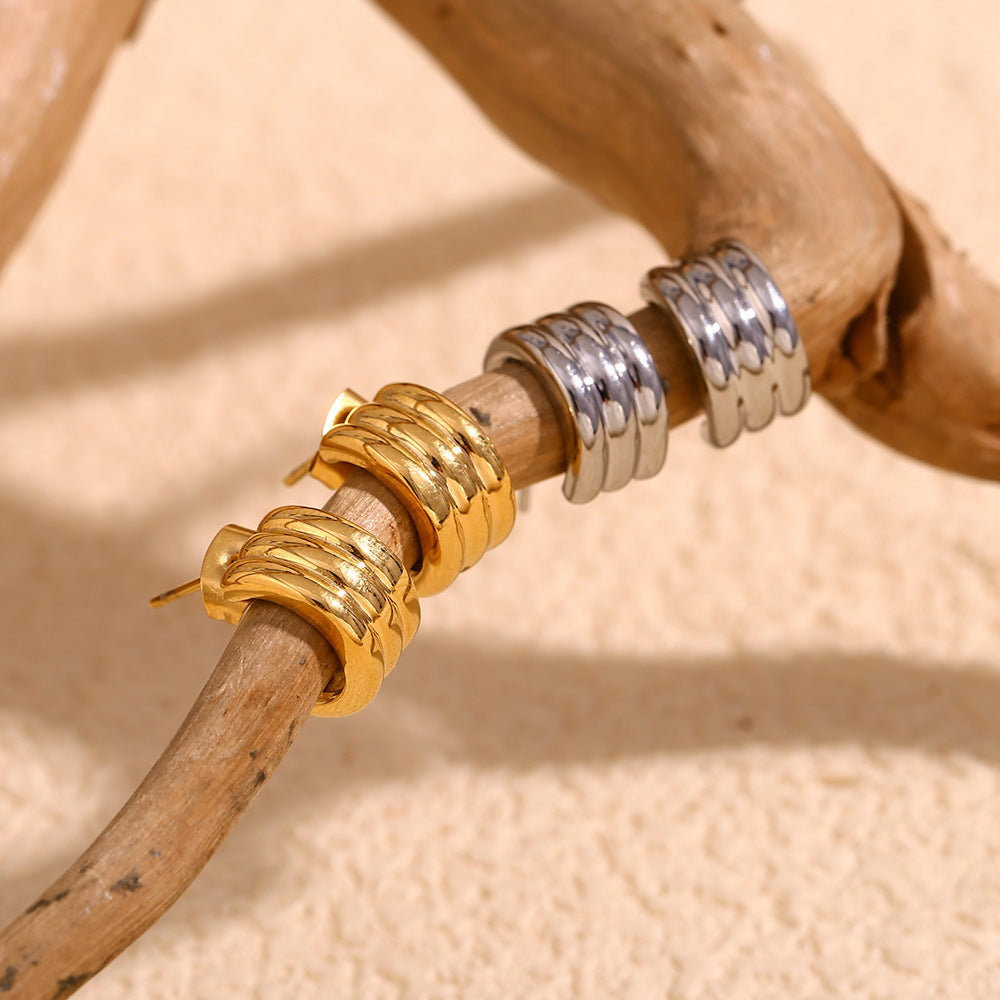 Fashion Niche Design Earrings Stainless Steel Plated 18K Gold Retro Three-Layer Mini Earrings For Women