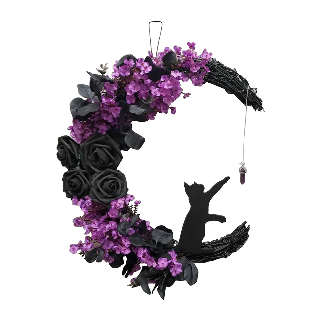 Farmhouse Wreaths for Front Door Wall Ornament Moon Wreath with Cat Flowers Crescents with Rose Garland Decorations for Indoor Outdoor Window