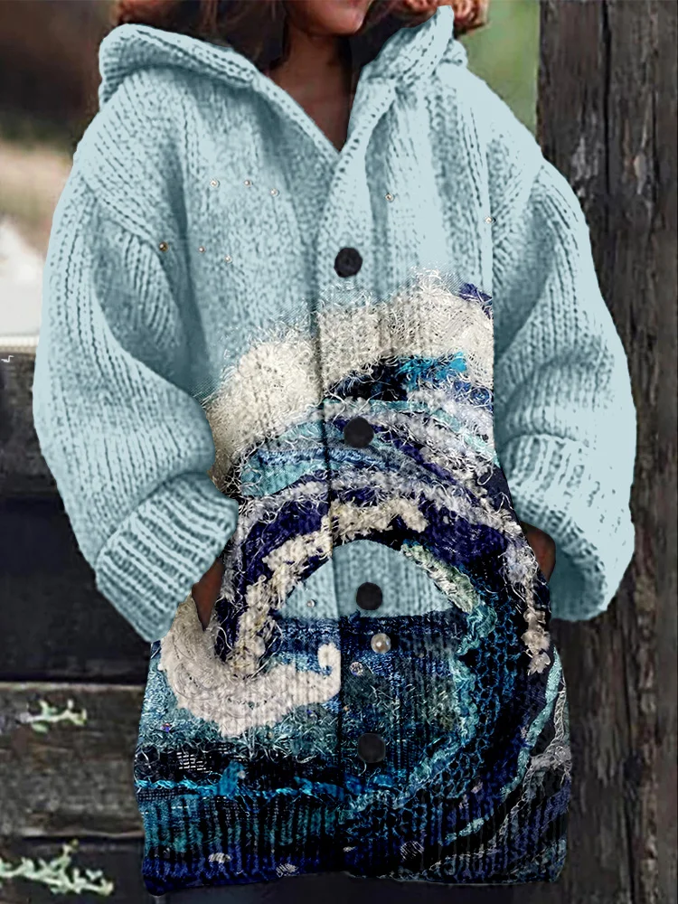 The Great Wave Inspired Embroidery Cozy Hooded Cardigan