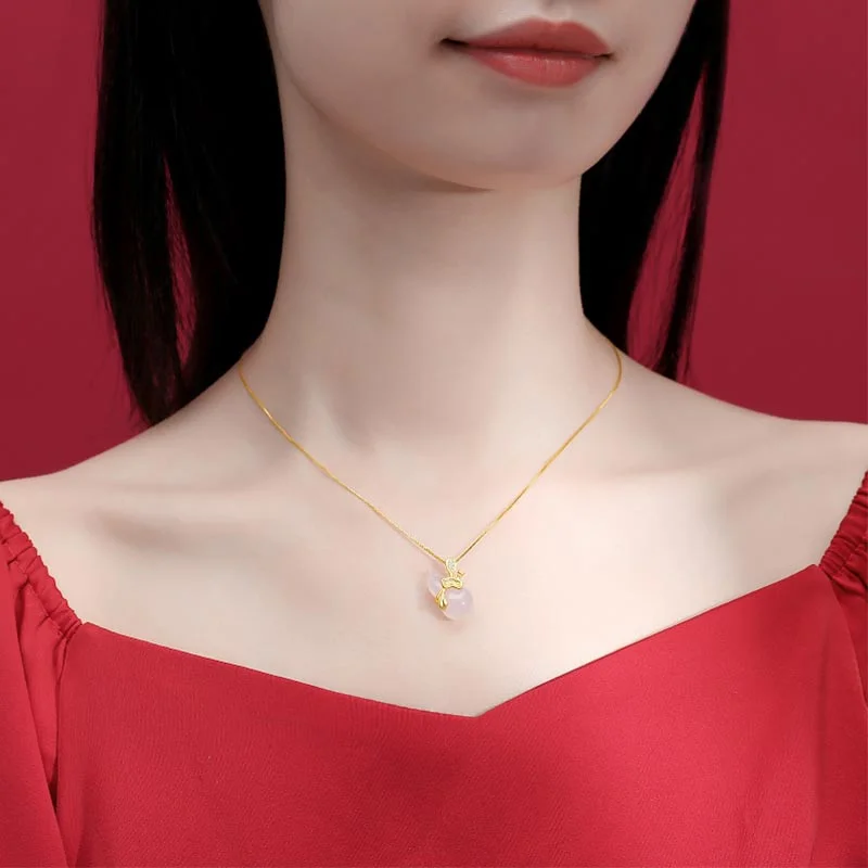 Cyan Jade Gourd Lotus Leaf Abundance Pendant Necklace