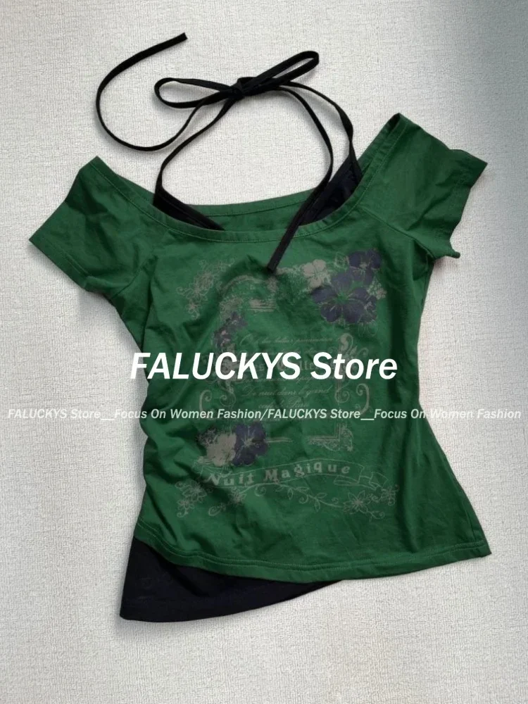 Aonga Summer Retro Purple Halter Fake Two Piece Print T-Shirt Women Y2K Streetwear Hot Girl Slim Fit Harajuku Fashion Casual Tops New aonga