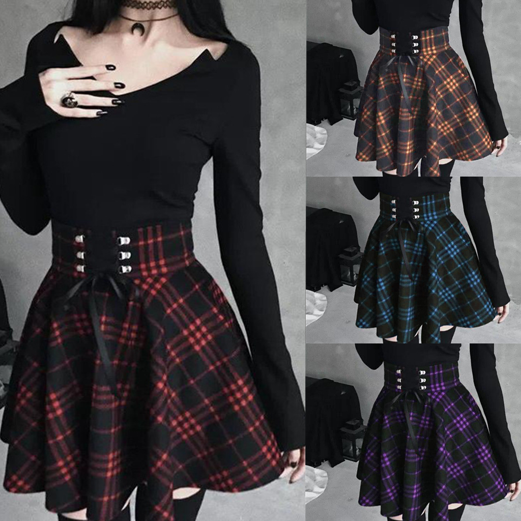 Plus Size Gothic High Waist Laced Plaid Skirt SP14143
