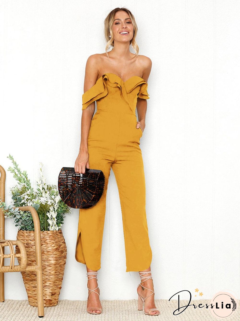 Black Sleeveless Plain Casual Off Shoulder Zip Back Jumpsuit