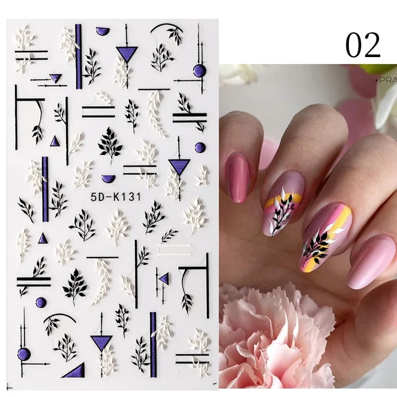 1PC French 5D Nail Sticker Embossed Flower Bubble Pattern Self-Adhesive Slider Wedding Design Nails Decals Nail Art Decoration-Nail Inspo