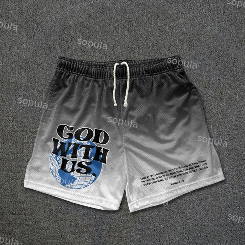 Vintage God With Us Gradient Graphic Casual Street Mesh Shorts