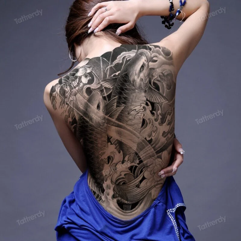 Sdrawing back tattoo fish dragon designs large Big temporary tattoos for women men body tatto stickers black fake sexy party decal