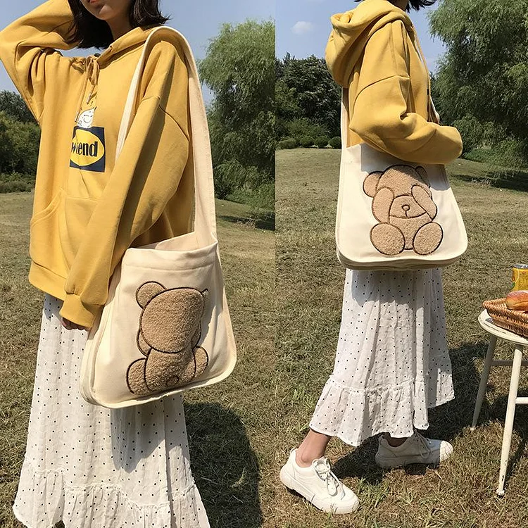 Double-Sided Embroidered Bear Shoulder Bag