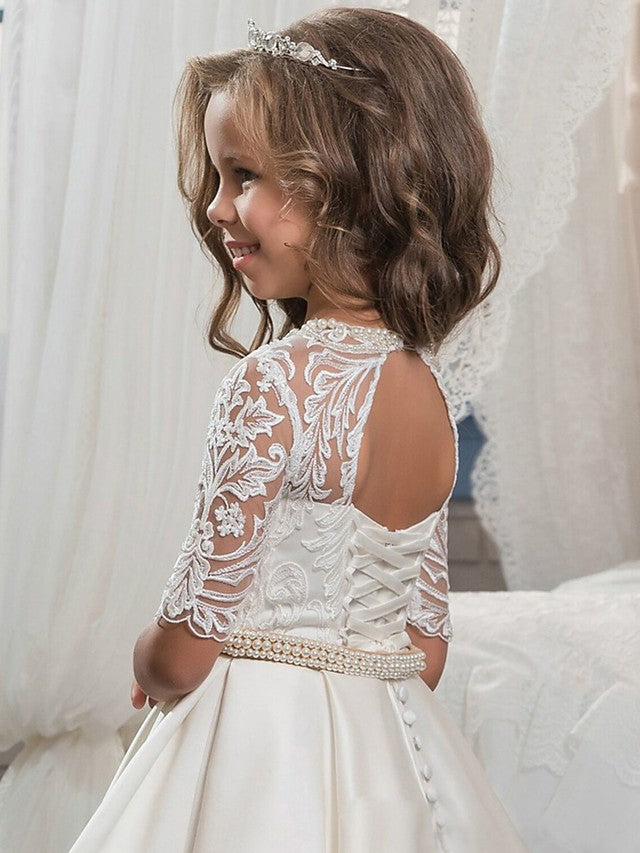 Daisda Ball Gown Half Sleeve Jewel Neck Flower Girl Dresses Matte Satin With Embroidery Bandage