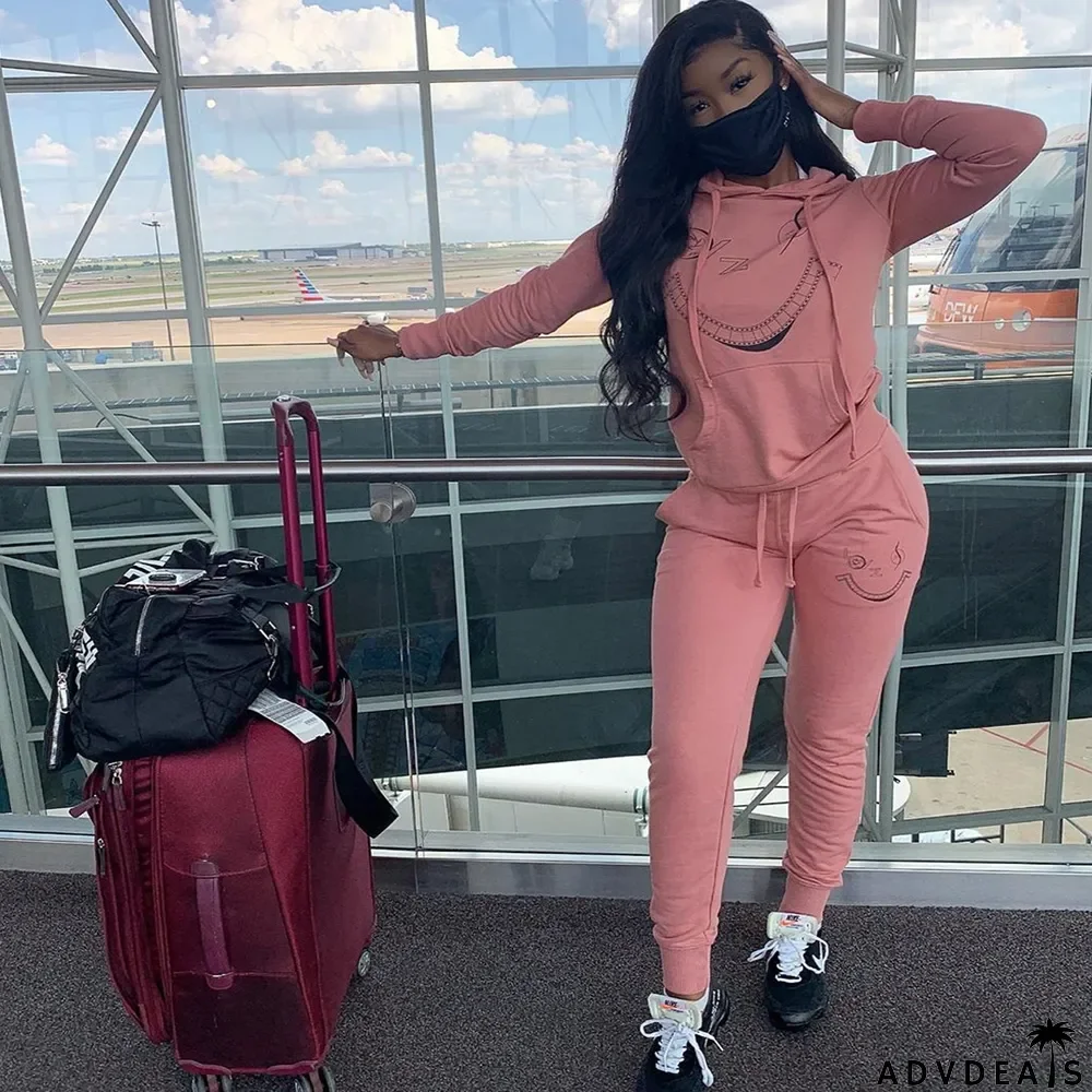Plus Size Casual Hooded Two Piece Pants Set Without Mask
