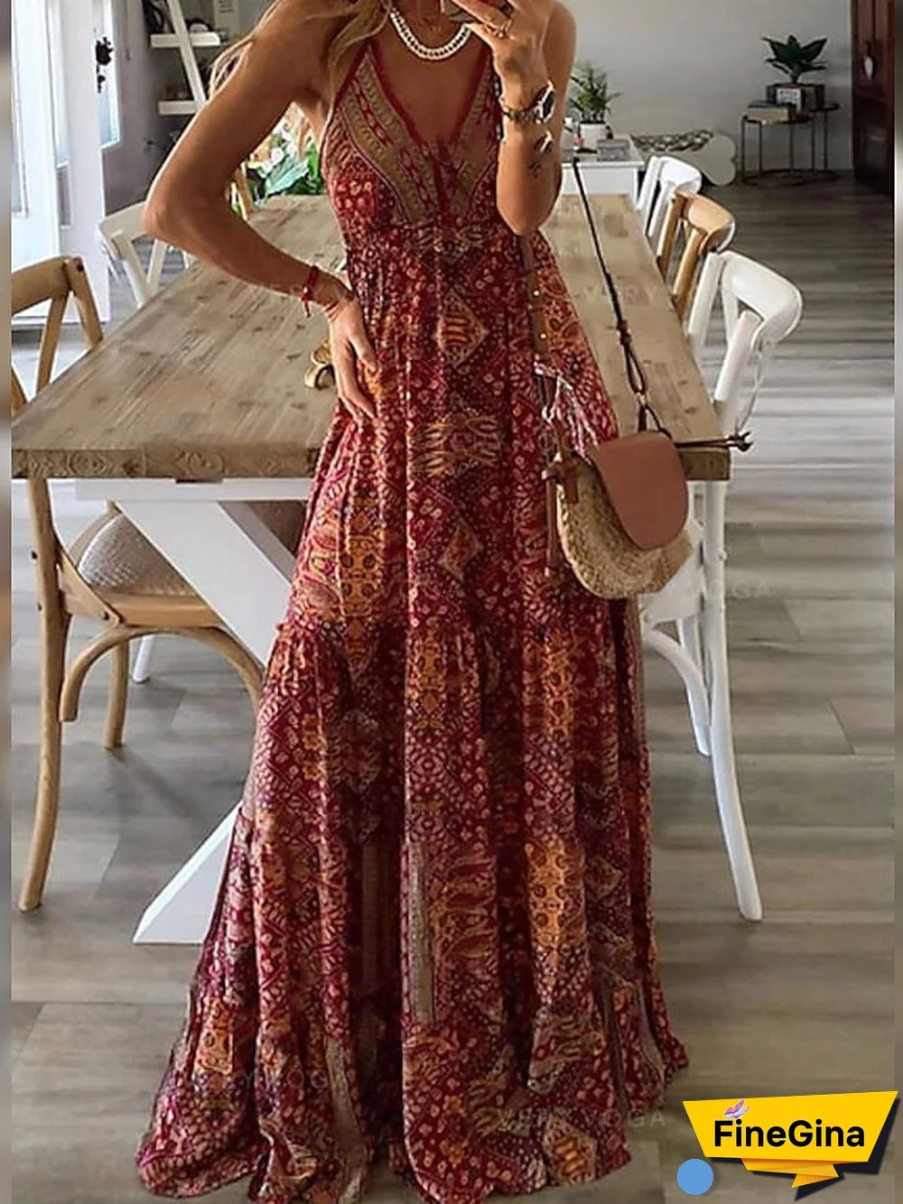 Women's Strap Dress Maxi long Dress Red Fuchsia Green Sleeveless Print Print Summer V Neck Elegant Sexy  S M L XL XXL