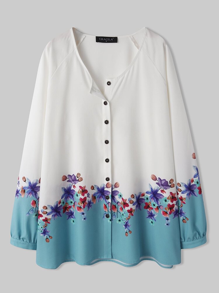 Flower Print Button O neck Long Sleeve Casual Shirt For Women P1823866