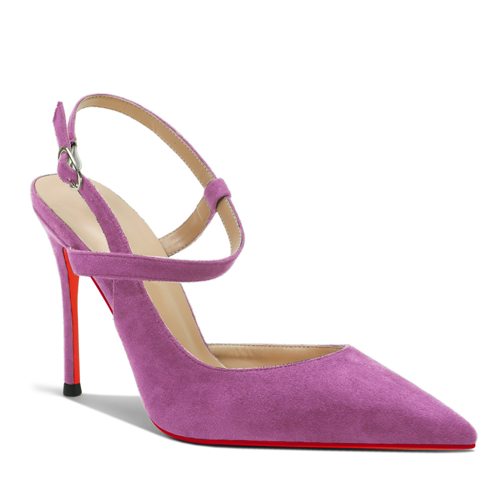 100mm Women Slingback Pumps Ankle Strap Jenlove Stiletto Mid Heel Close Pointed Toe Dress Red Bottoms Suede Shoes-MERUMOTE